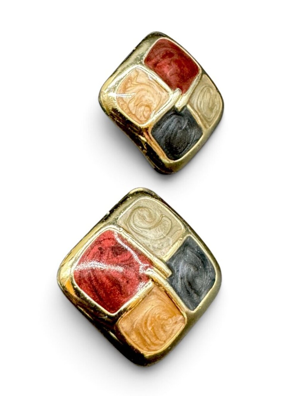 Vintage Pierced Earrings 1990's Squares Gold Tone & Enamel